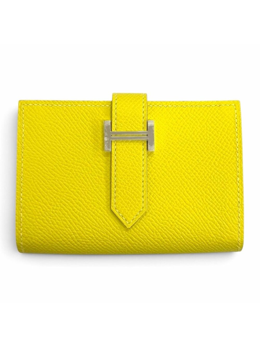 Hermes Bearn Mini Veau Epsom Lime Silver Bifold Wallet with Coin Holder